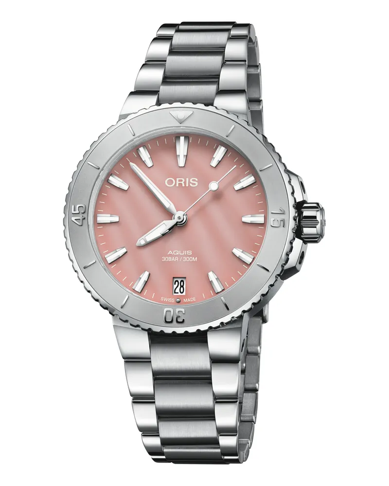 ORIS Aquis Date 36,5mm Rot Perlmutt Damenuhr 01 733 7770 4158-07 8 18 05P Perlmutt
