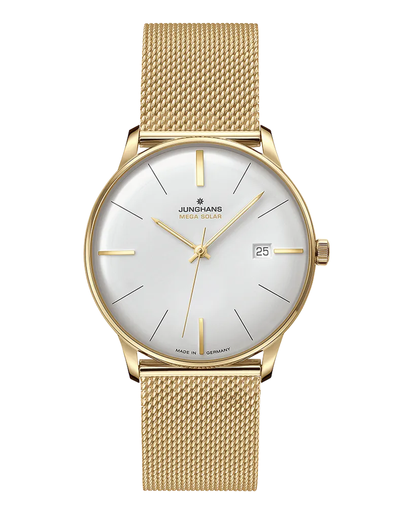 Junghans Meister MEGA Solar, Funk-Solarwerk, 38 mm, Milanaiseband Gold Herrenuhr 59/7600.46 