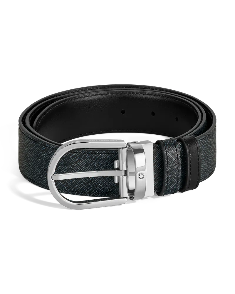 Montblanc Wendegürtel aus Leder in Tweedblau/Schwarz mit hufeisenförmiger Schließe, 35mm - MB198572 - Gürtel 