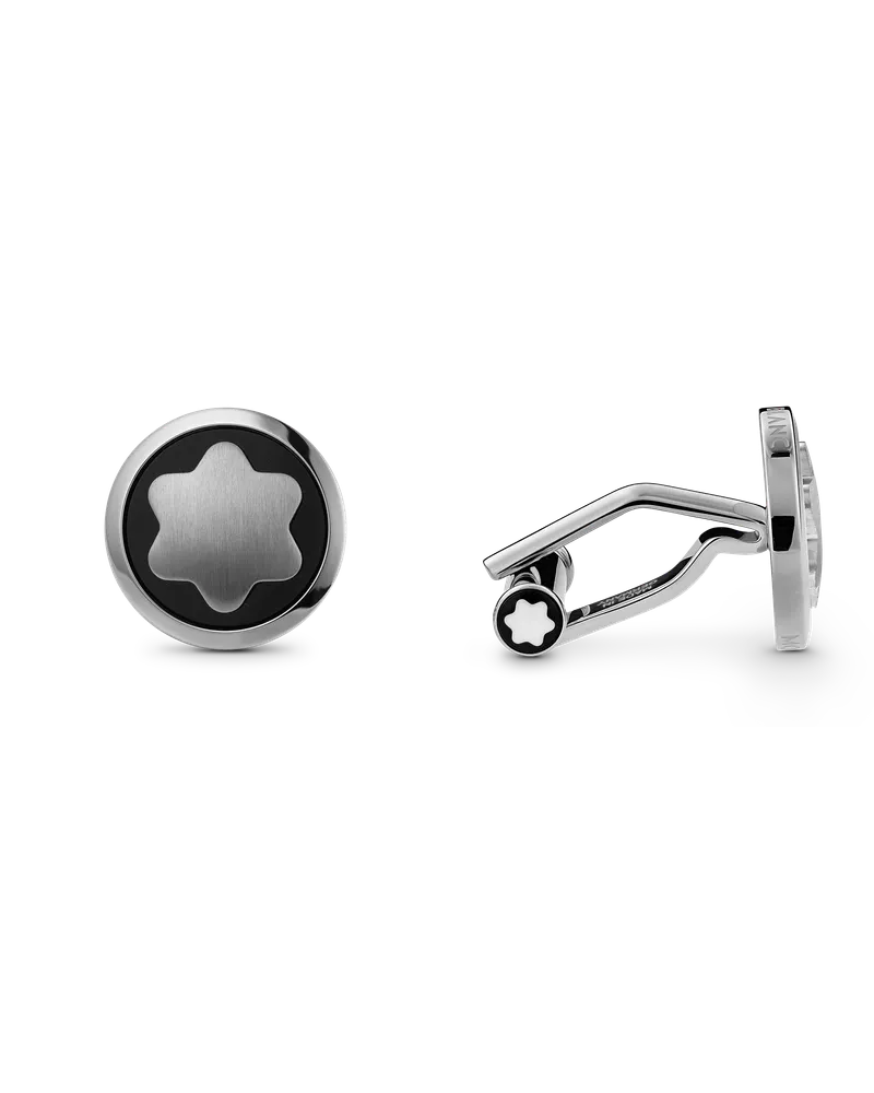 Montblanc Manschettenknöpfe, rund, aus Edelstahl mit schwarzer PVD-Intarsie und Schneekappen-Emblem aus Perlmutt - Edelstahl - MB123810 - Cufflinks 