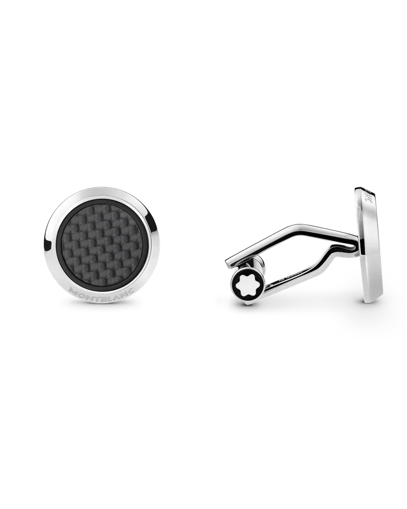 Montblanc Manschettenknöpfe, rund, aus Edelstahl mit schwarzer PVD-Intarsie und Schneekappen-Emblem aus Perlmutt - Edelstahl - MB123810 - Cufflinks 