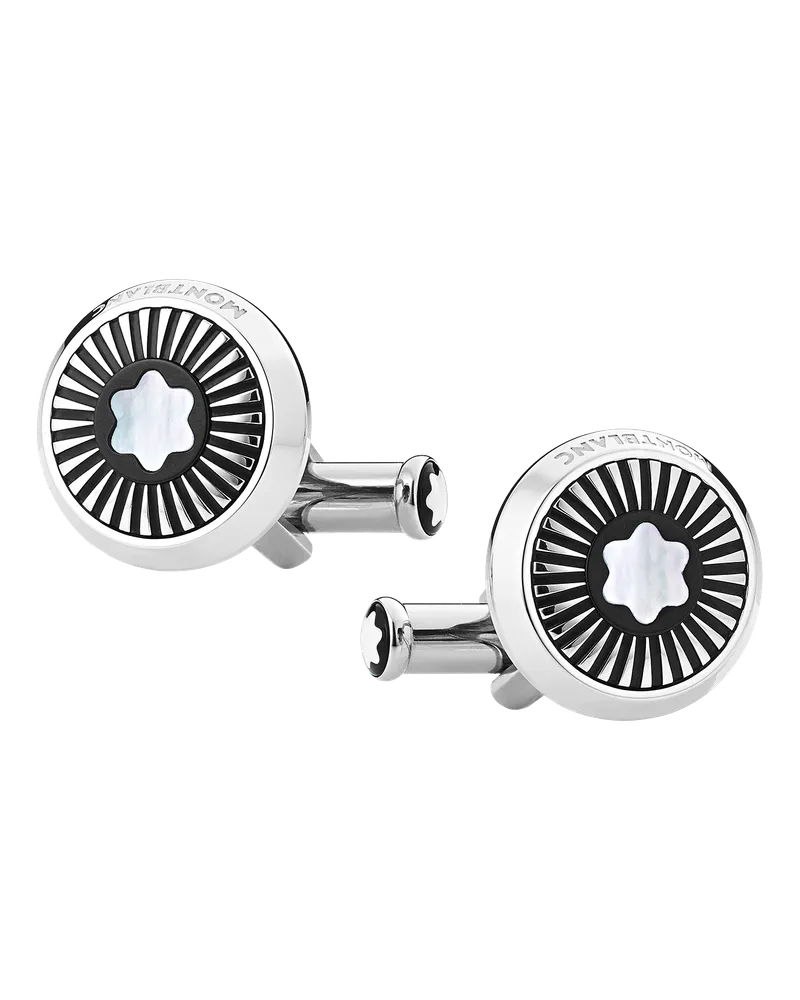 Montblanc Manschettenknöpfe, rund, aus Edelstahl mit schwarzer PVD-Intarsie und Schneekappen-Emblem aus Perlmutt - Edelstahl - MB123810 - Cufflinks 