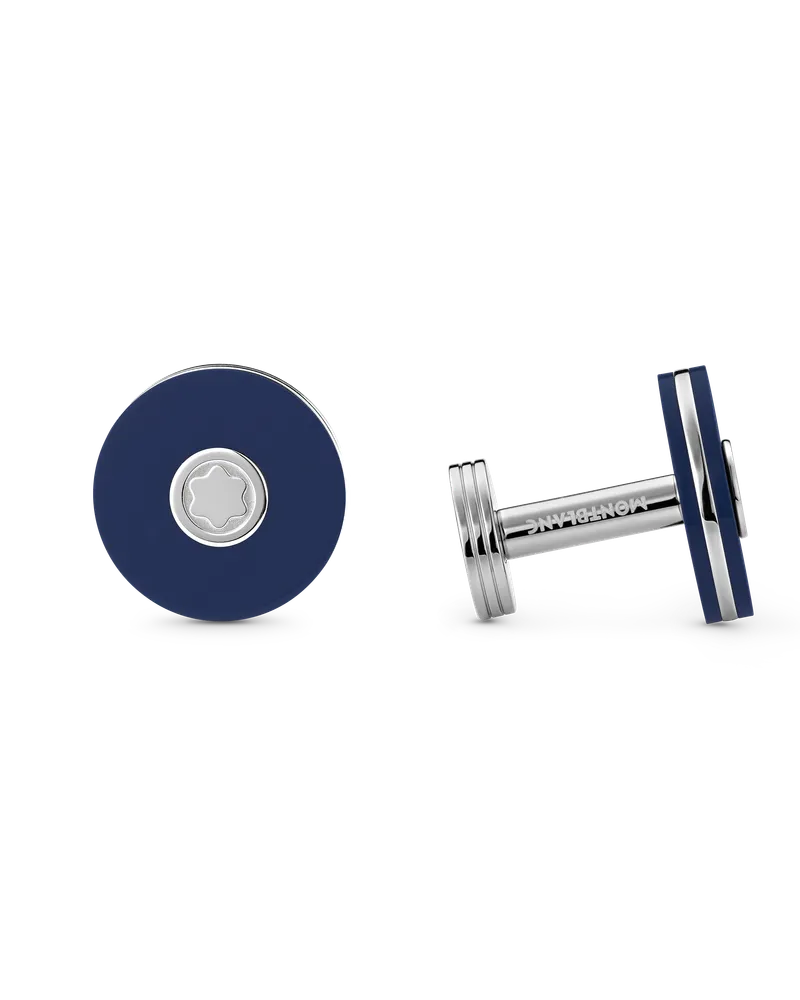 Montblanc Manschettenknöpfe, rund, aus Edelstahl mit schwarzer PVD-Intarsie und Schneekappen-Emblem aus Perlmutt - Edelstahl - MB123810 - Cufflinks 