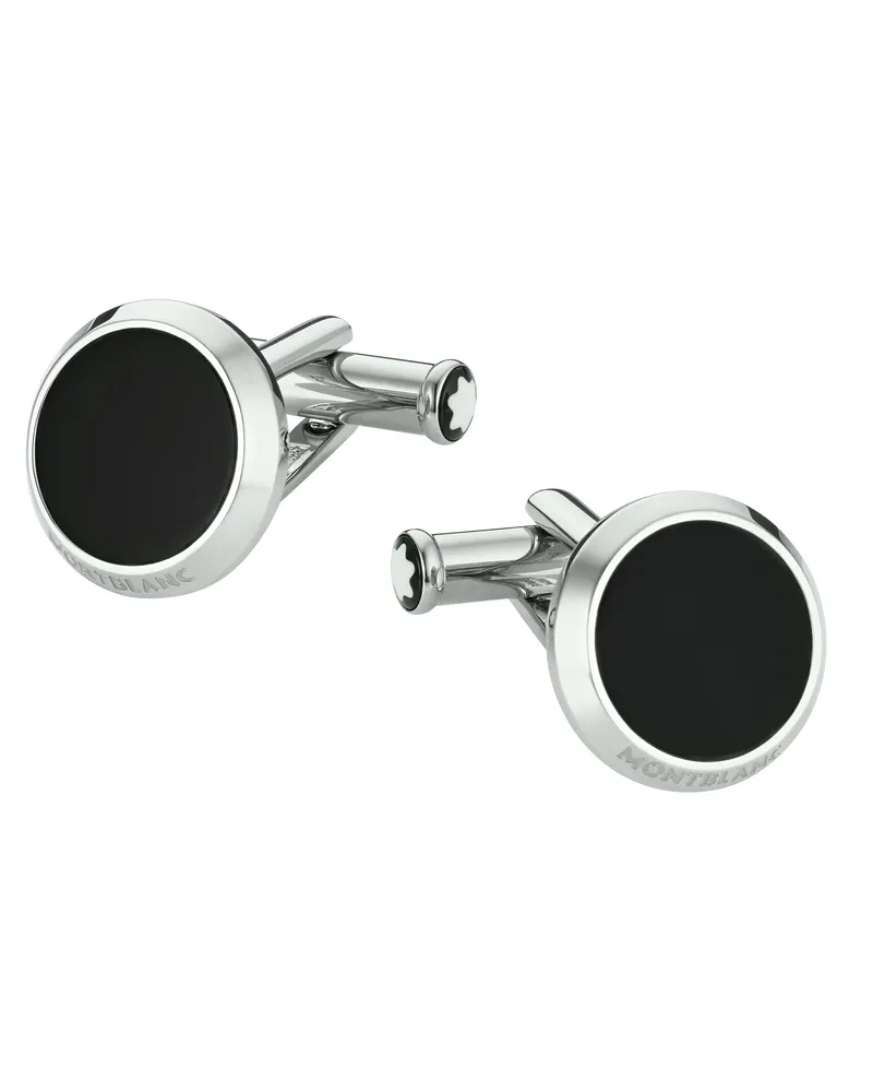 Montblanc Manschettenknöpfe, rund, aus Edelstahl mit schwarzer PVD-Intarsie und Schneekappen-Emblem aus Perlmutt - Edelstahl - MB123810 - Cufflinks 