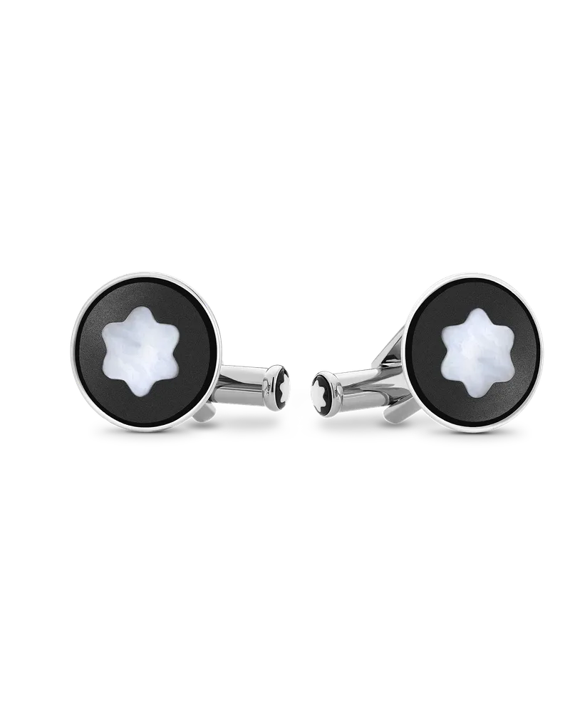 Montblanc Manschettenknöpfe, rund, aus Edelstahl mit schwarzer PVD-Intarsie und Schneekappen-Emblem aus Perlmutt - Edelstahl - MB123810 - Cufflinks 