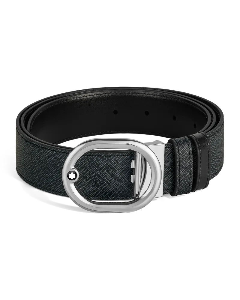 Montblanc Wendegürtel aus Leder in Tweedblau/Schwarz mit ovaler Schließe, 35mm - MB221025 - Gürtel 