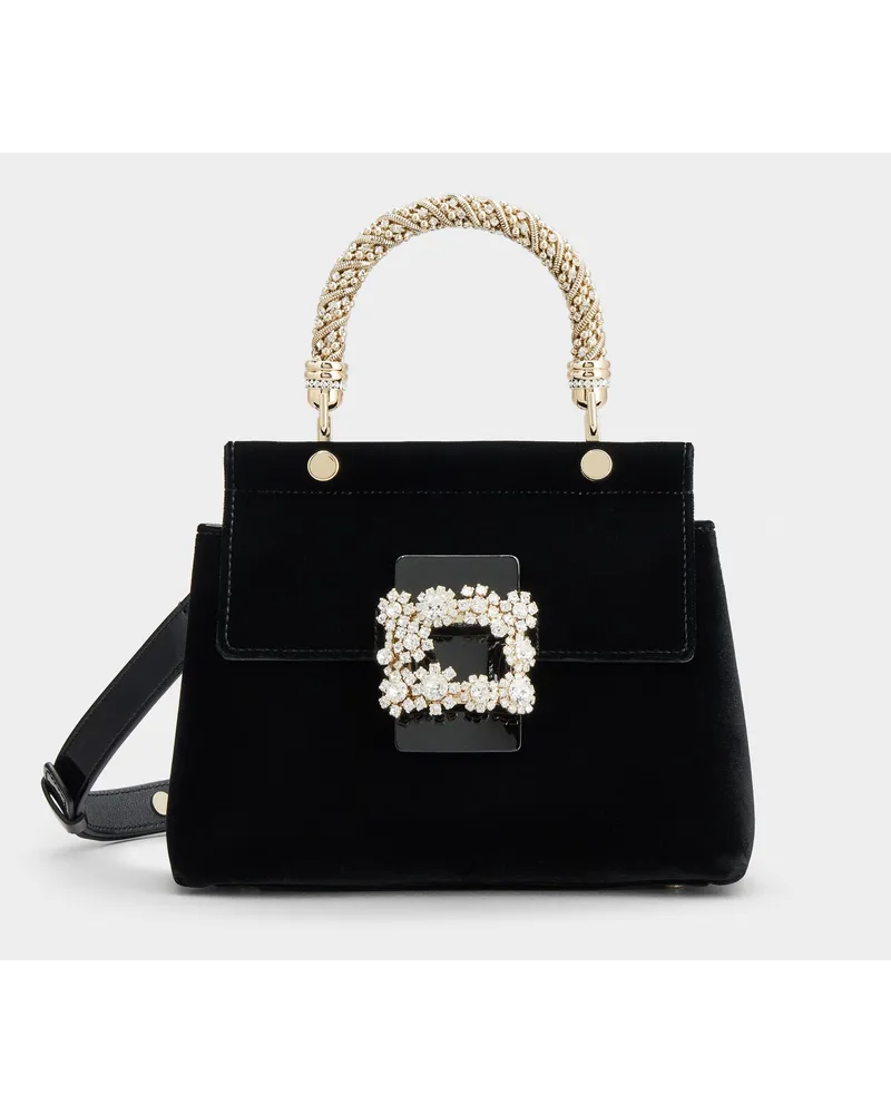 Roger Vivier Mini Tasche Viv' Cabas Jewel mit Flower Strass-Schnalle aus Samt Schwarz