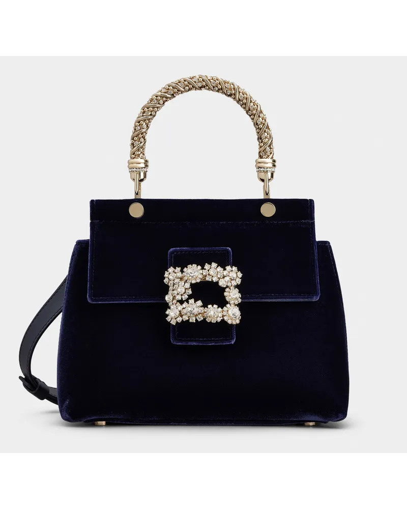Roger Vivier Tasche Mini Viv' Cabas Jewel aus Samt mit Flower-Strass-Schnalle Blau