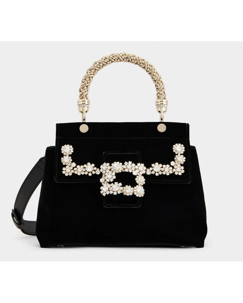 Roger Vivier Tasche Mini Viv' Cabas Jewel Crown aus Samt mit Flower-Strass-Schnalle Schwarz