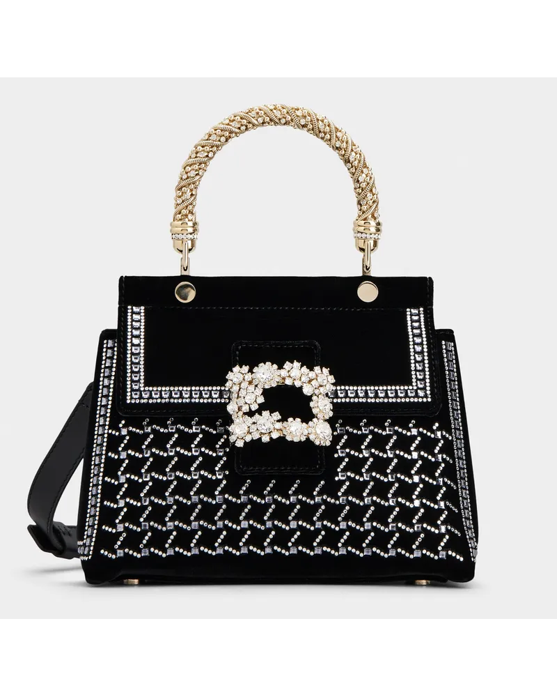 Roger Vivier Tasche Mini Viv' Cabas Hotfix Vichy Jewel aus Samt mit Flower Strass-Schnalle Schwarz