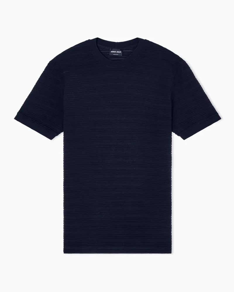 Giorgio Armani Rundhals-T-Shirt aus Woll-Jersey mit Streifen-Muster Blau