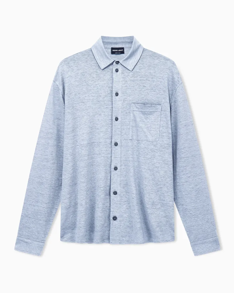 Giorgio Armani Langarmhemd aus reinem Leinenjersey mit einer Brusttasche Hellblau