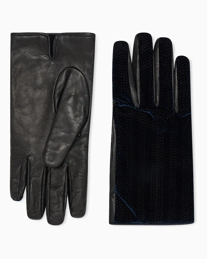 Giorgio Armani Handschuhe aus Leder und Samt mit Fischgrätmuster Marineblau