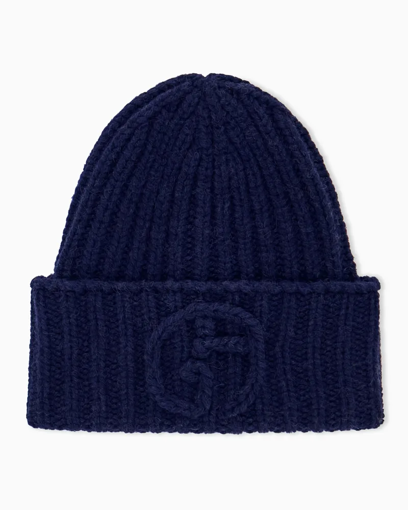 Giorgio Armani Beanie aus Kamelwolle im Rippstrick mit Umschlag Marineblau