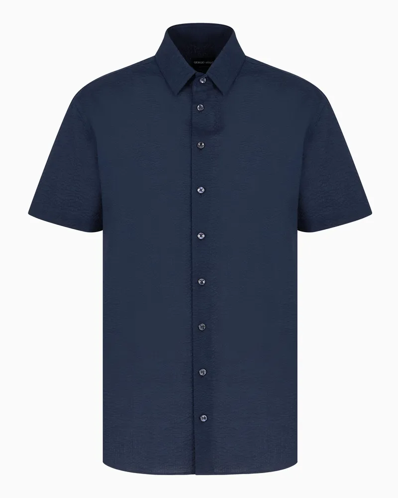 Giorgio Armani Kurzärmliges Hemd aus Seersucker-Baumwolle Blau