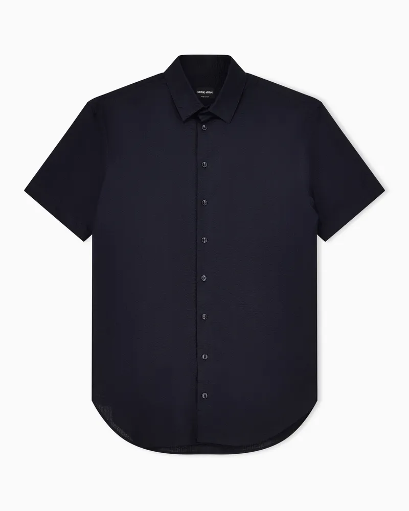 Giorgio Armani Kurzärmliges Hemd aus Seersucker-Baumwolle Blau