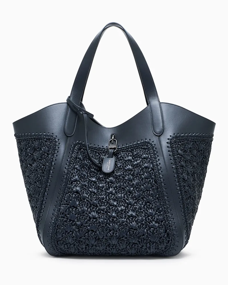 Giorgio Armani Große Handtasche aus Leder und Raffia-Bast in Fächerstich-Verarbeitung Schwarz