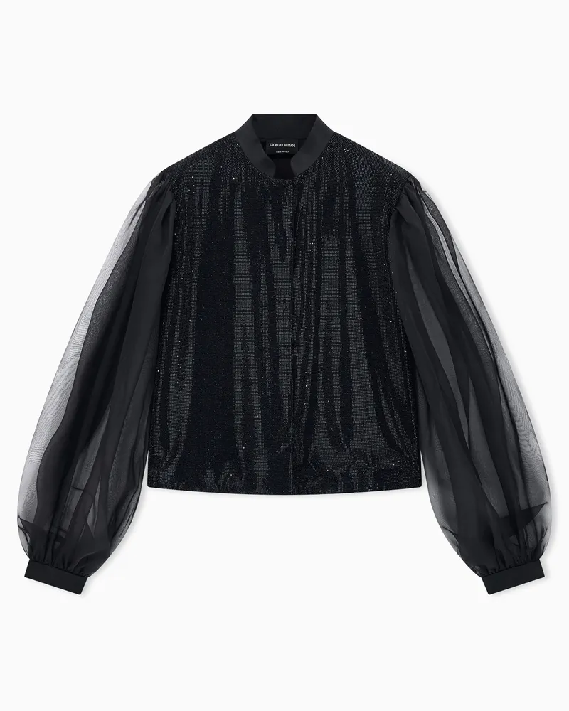 Giorgio Armani Satinbluse mit transparenten Organzaärmeln und Strass Gemustert