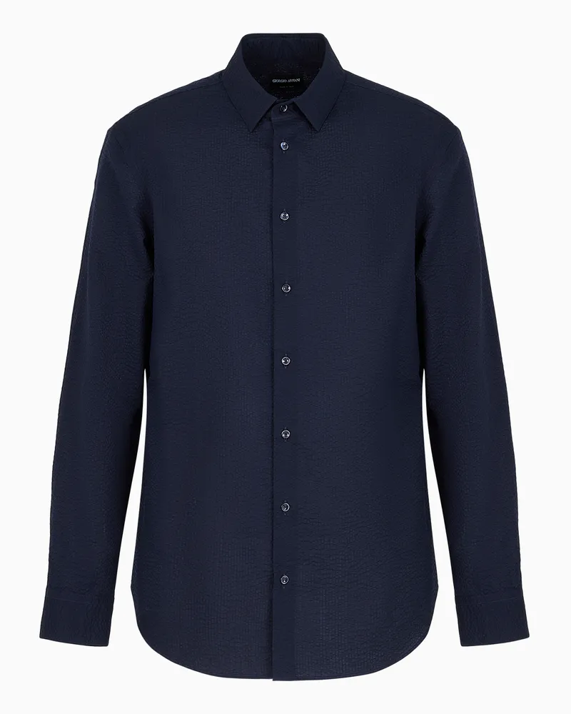 Giorgio Armani Hemd in Regular Fit aus Seersucker-Baumwolle Blau