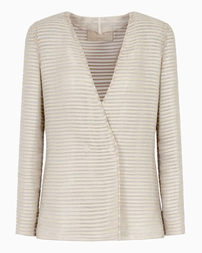 Giorgio Armani Einreihige Jacke aus Seidenchiffon mit bestickten Wildlederbändern Beige