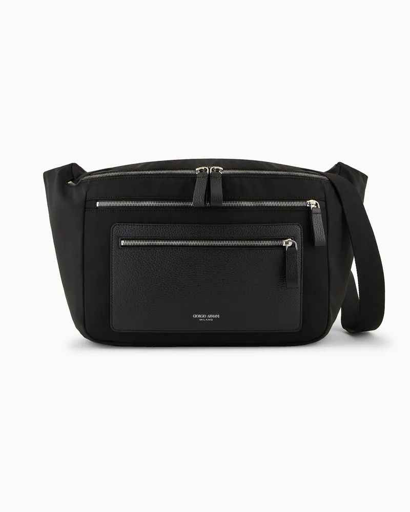 Giorgio Armani ASV Große Crossbody Bag aus Nylon und vollnarbigem Leder Schwarz
