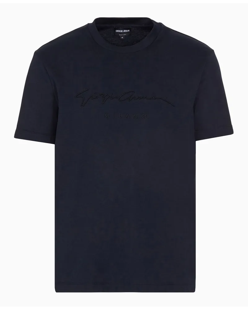 Giorgio Armani T-shirt Aus Reiner Interlock-baumwolle mit Logostickerei Marineblau