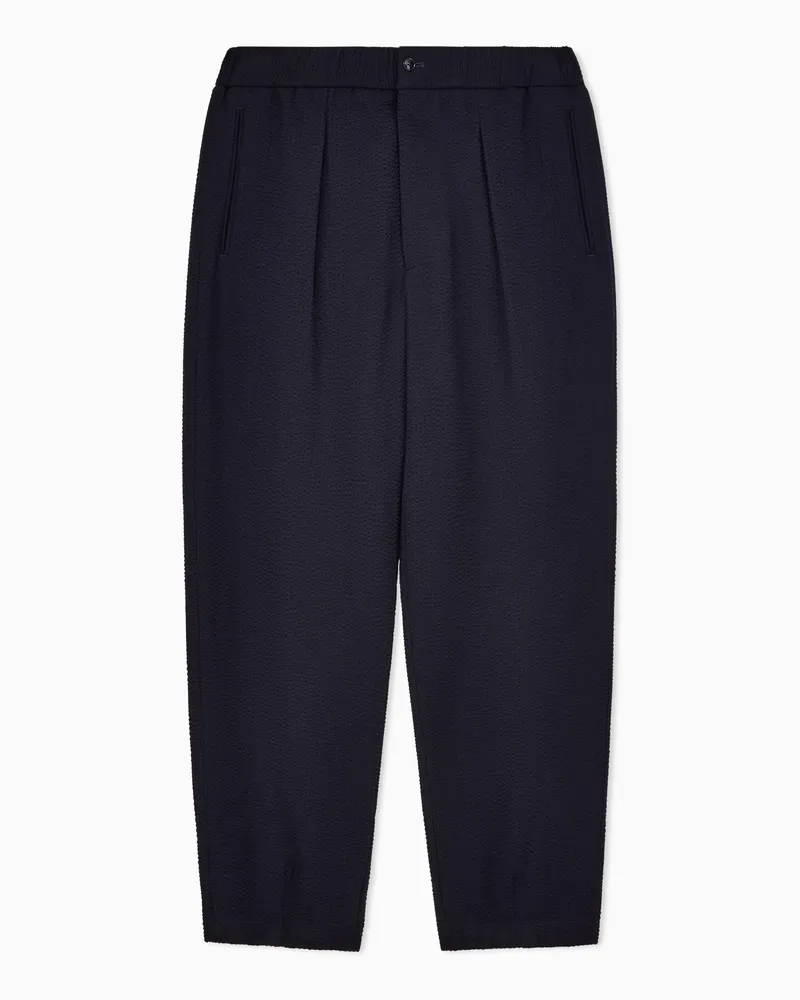 Giorgio Armani Hose mit einer Bundfalte aus Schurwolle, Kaschmir und Seersucker Marineblau