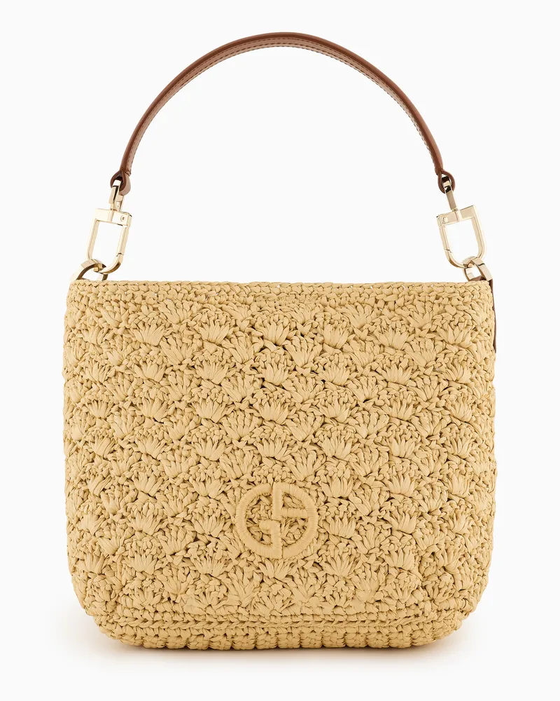 Giorgio Armani Kleine Umhängetasche aus Raffiabast, Fächernaht und Leder Beige