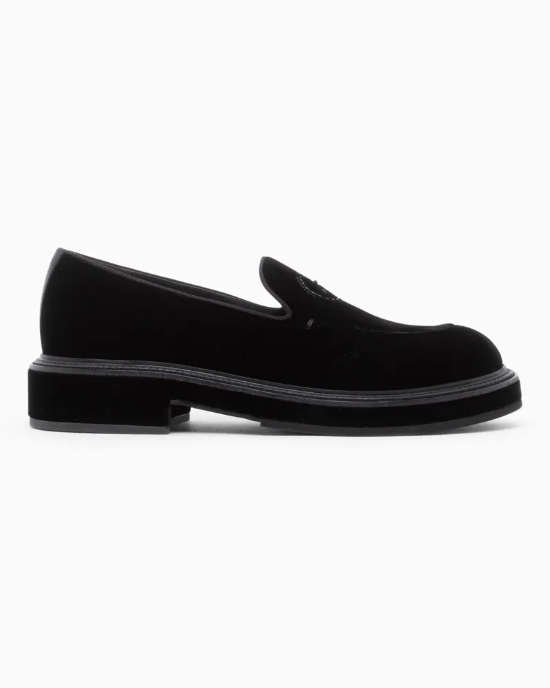 Giorgio Armani Samtslipper Giorgio's mit gesticktem Logo und Ledersohle Schwarz
