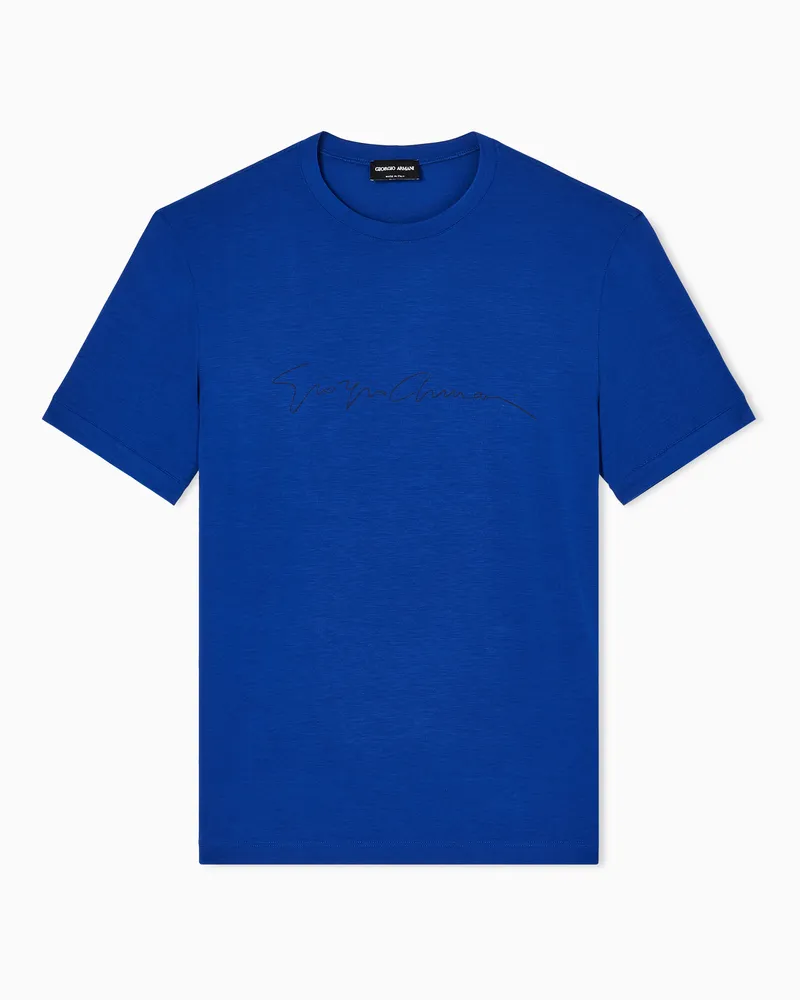 Giorgio Armani ASV T-Shirt aus Stretch-Viskose mit Logo-Schriftzug Blau