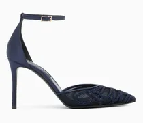 Riemchenpumps aus Satin und Mesh mit Stickerei und Strass