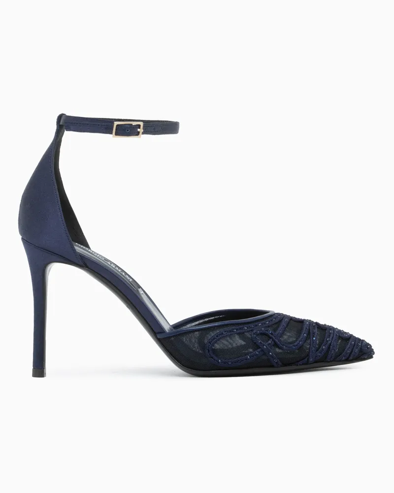 Giorgio Armani Riemchenpumps aus Satin und Mesh mit Stickerei und Strass Blau