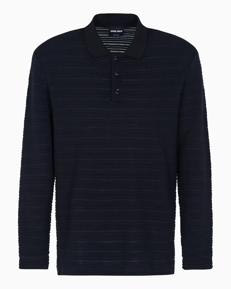 Giorgio Armani Langärmliges Poloshirt aus Woll-Jersey mit Streifen-Muster Schwarz