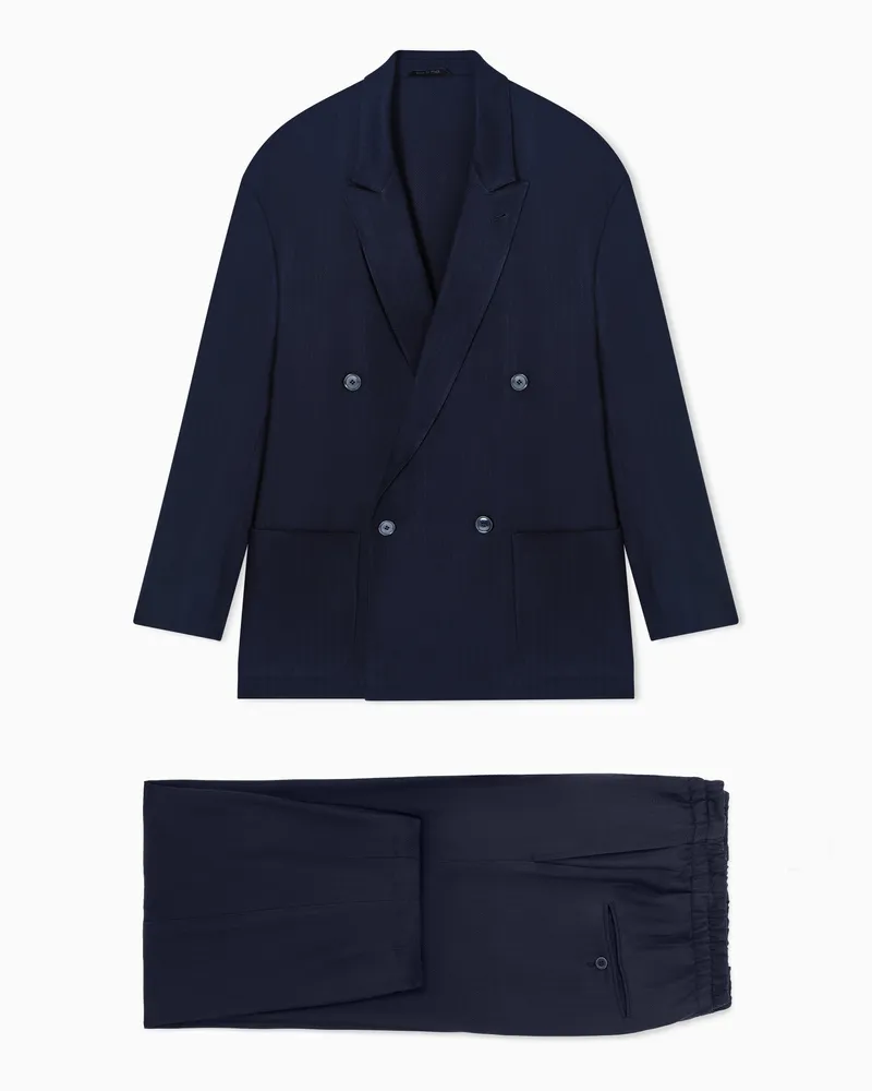 Giorgio Armani Doppelreihiger Anzug aus Cupro mit Fischgrat-Muster Marineblau