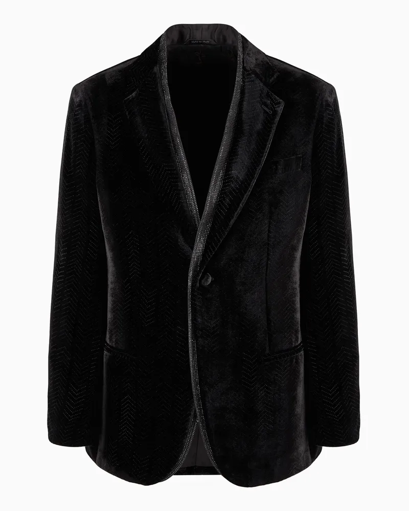 Giorgio Armani Giorgio's einreihige Smokingjacke aus Samt mit Fischgrat-Print Schwarz