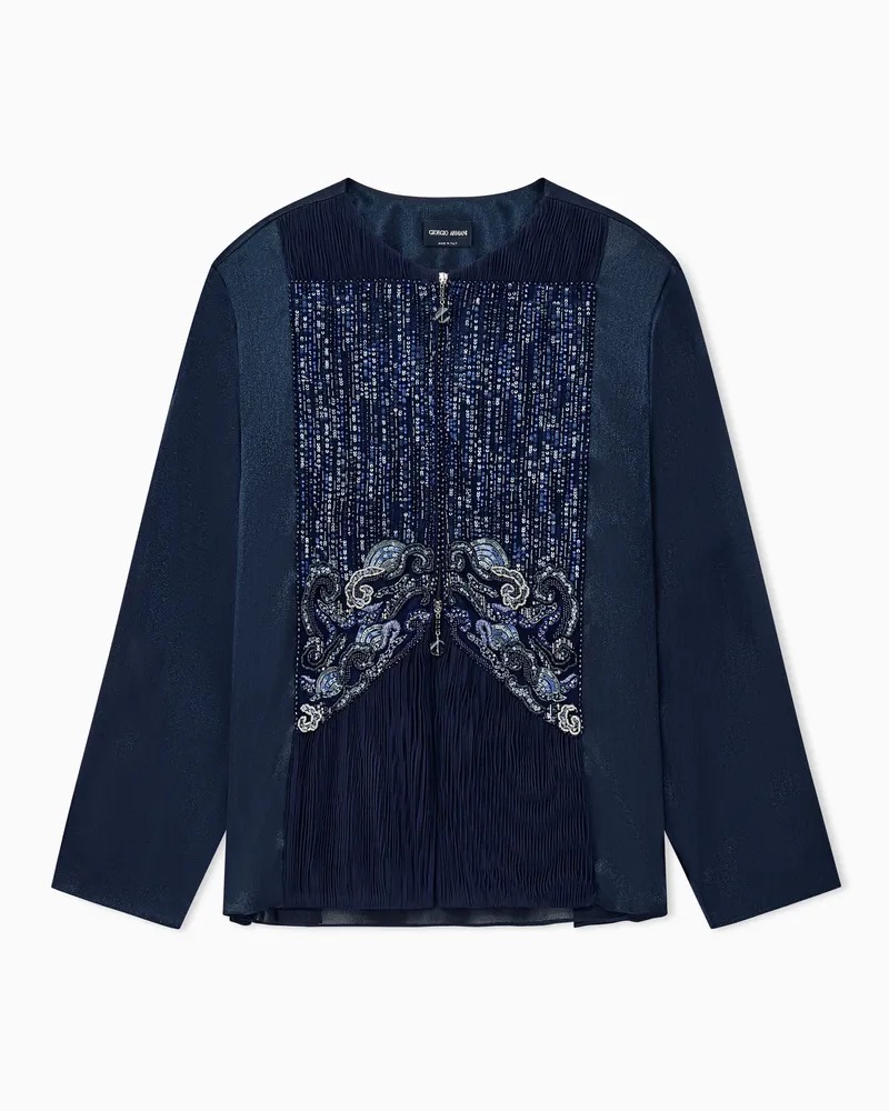 Giorgio Armani Bluse mit besticktem Plastron sowie Pailletten und Plissee Gemustert