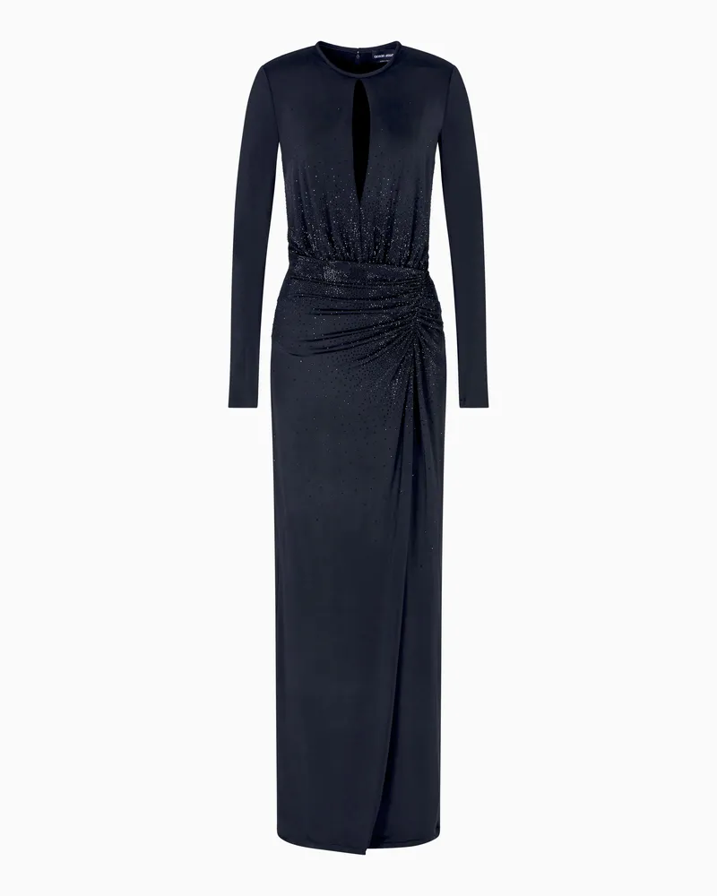 Giorgio Armani Langes Kleid aus Viskose-Jersey mit Strassstein-Stickerei Schwarz