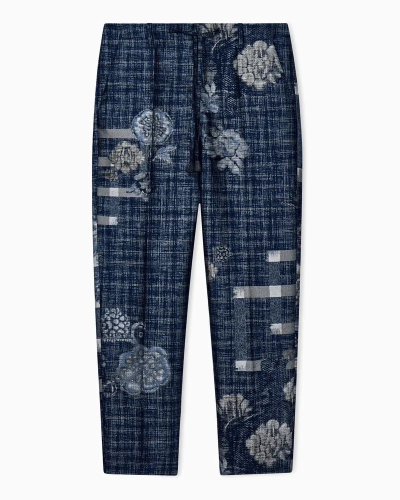 Giorgio Armani Hose aus floralem Jacquard mit geradem Bein und Kordelzug Blau