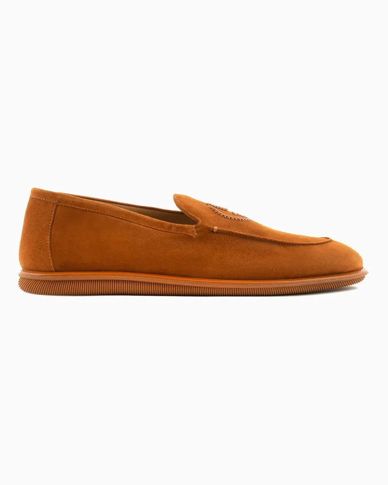 Giorgio Armani Mokassins aus Veloursleder mit Logo-Stickerei Kamel