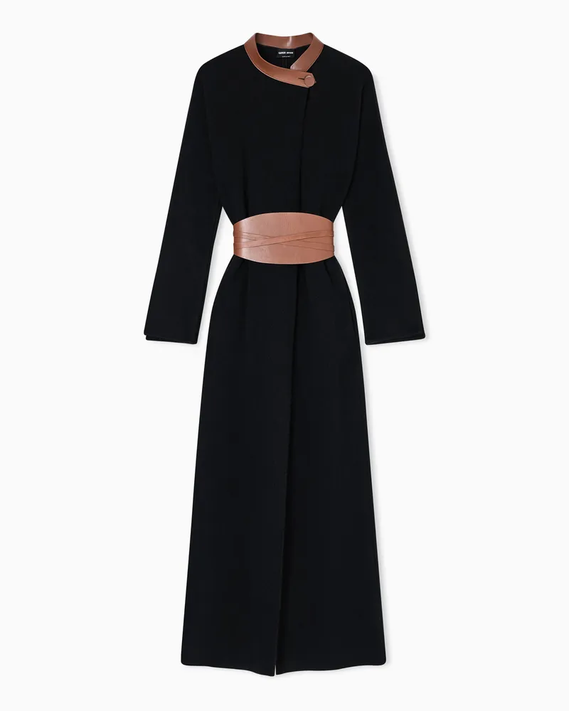Giorgio Armani Langer Mantel aus Woll-Kaschmir-Mix mit Leder-Details Schwarz