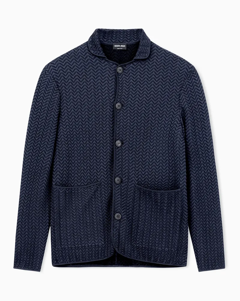 Giorgio Armani ASV Einreihiges Sakko aus Ottoman-Viskosemischung mit Fischgrat-Muster Marineblau