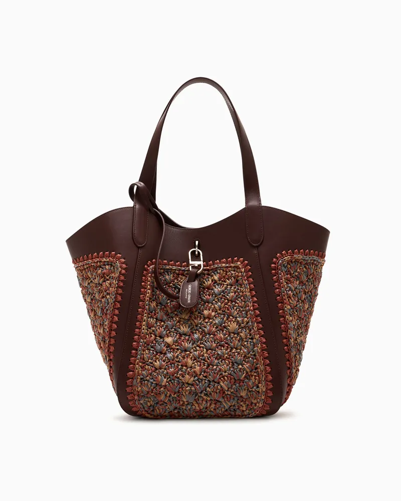 Giorgio Armani Mittelgroße Handtasche aus Leder und Raffiabast in Fächerstich-Verarbeitung Braun