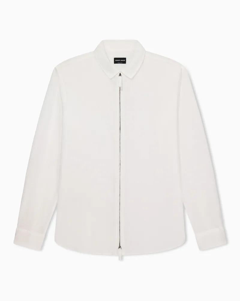 Giorgio Armani Hemd in Slim Fit mit Reißverschluss aus Seersucker-Baumwolle Weiß