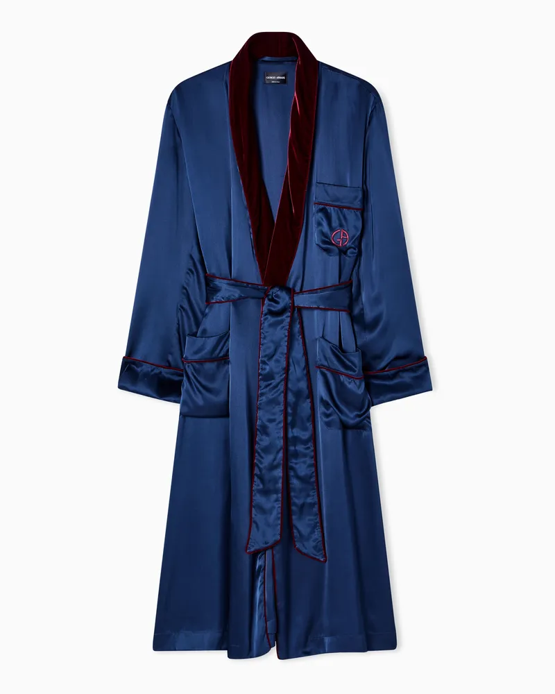 Giorgio Armani Morgenmantel aus Seide mit Monogramm Blau