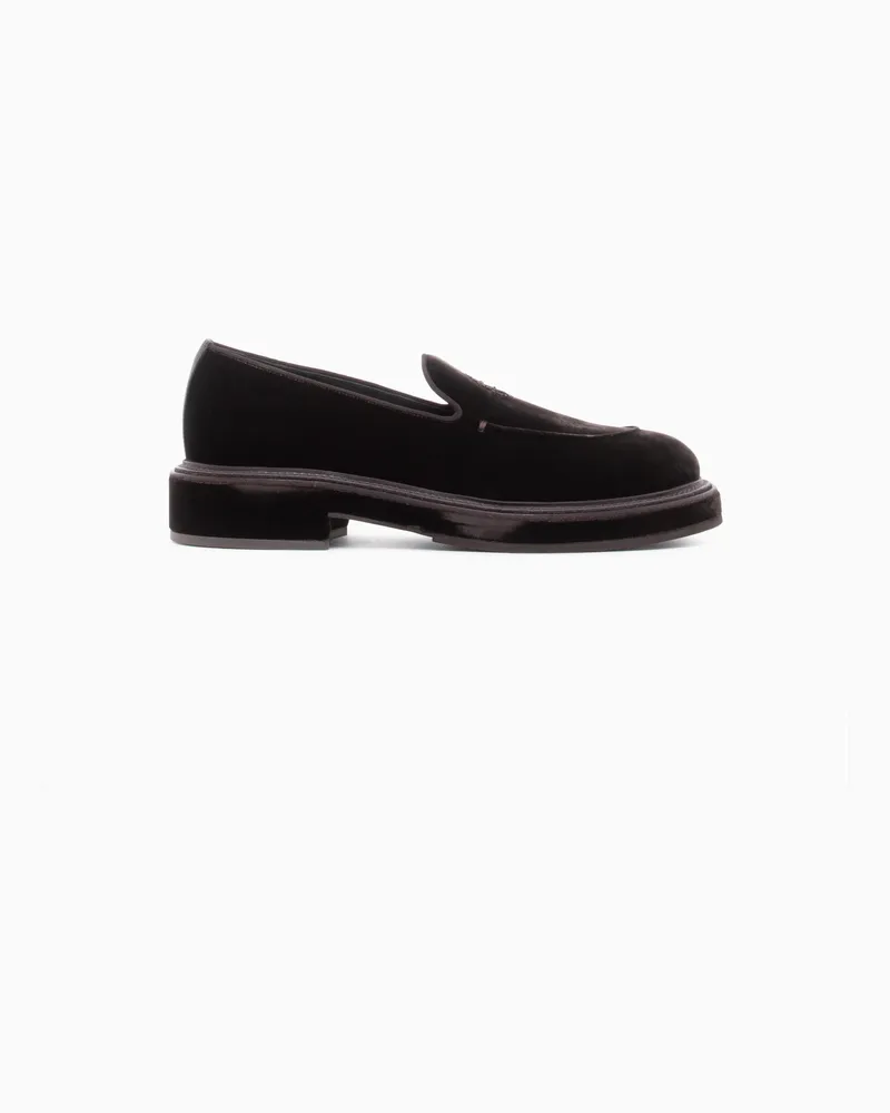 Giorgio Armani Samtslipper Giorgio's mit gesticktem Logo und Ledersohle Braun