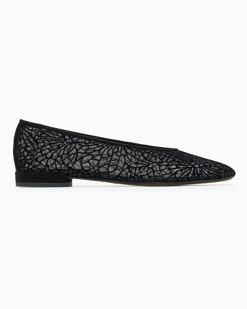 Giorgio Armani Ballerinas aus beflocktem Mesh mit Blumenmuster Schwarz