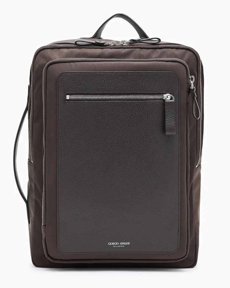 Giorgio Armani ASV Rucksack aus Nylon und vollnarbigem Leder Braun