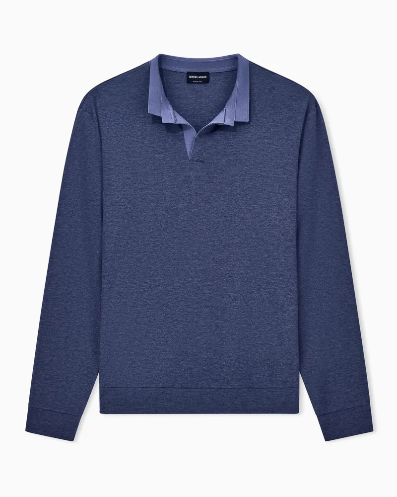 Giorgio Armani Poloshirt Langarm Melange-Optik mit V-Ausschnitt Blau