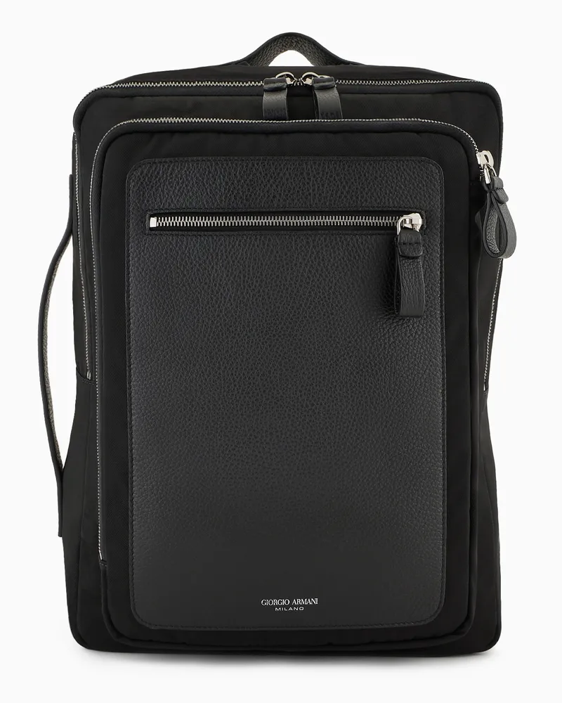 Giorgio Armani ASV Rucksack aus Nylon und vollnarbigem Leder Schwarz