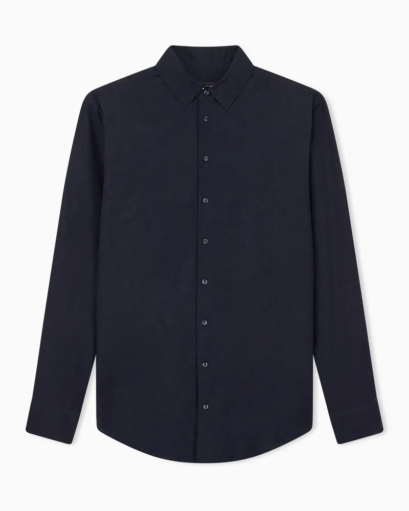 Giorgio Armani Hemd Seersucker-Baumwolle mit langen Ärmeln Cruise Blau
